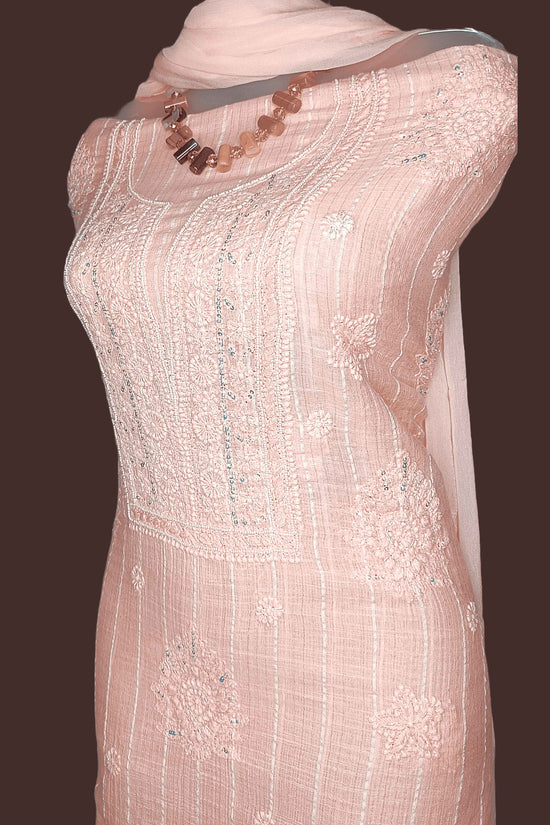 Comfortable Cotton Chikankari Zardozi Women's Unstitched Suit Set - Peach