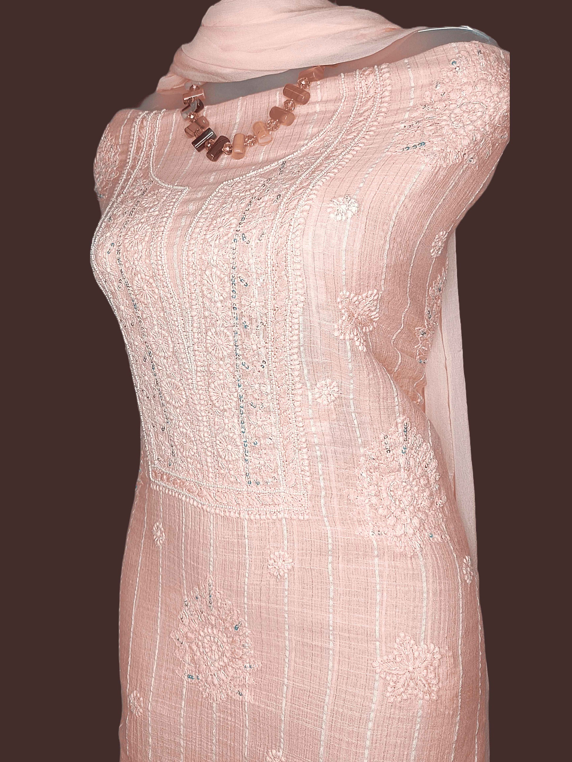 Comfortable Cotton Chikankari Zardozi Women's Unstitched Suit Set - Peach