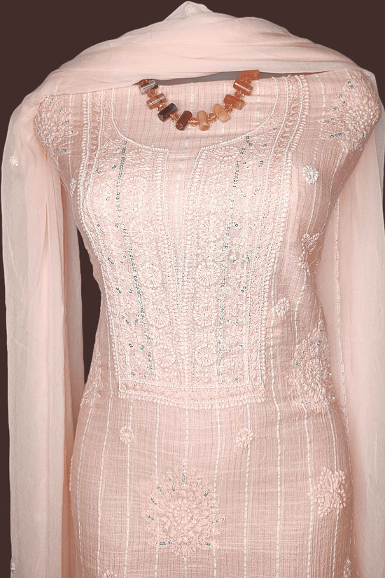 Comfortable Cotton Chikankari Zardozi Women's Unstitched Suit Set - Peach