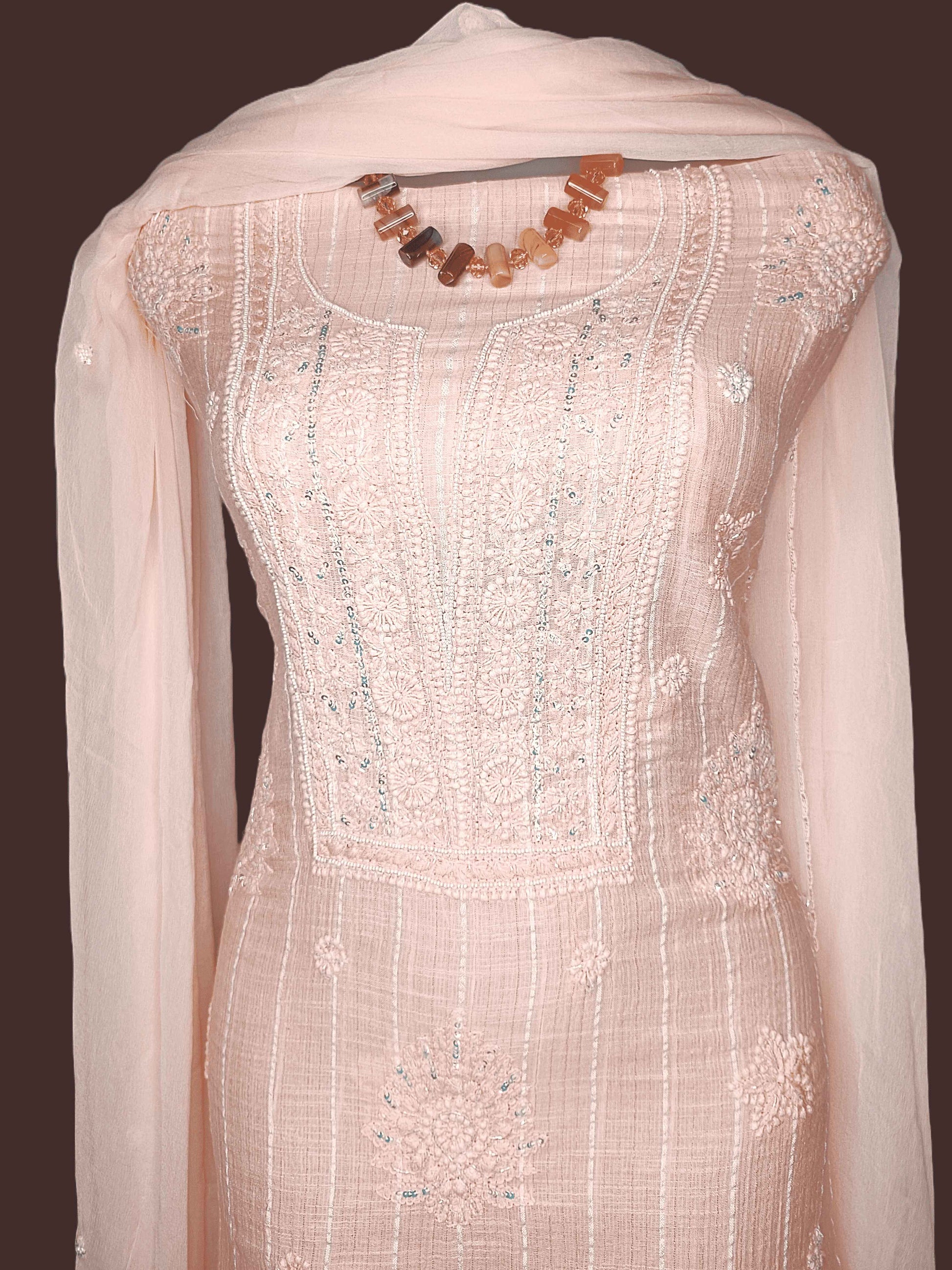 Comfortable Cotton Chikankari Zardozi Women's Unstitched Suit Set - Peach