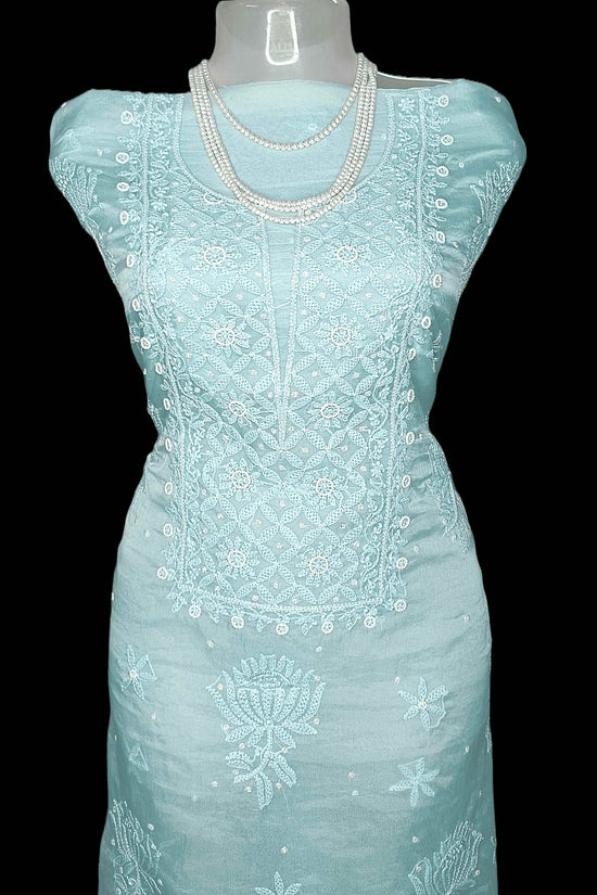 Semi Organza Chikankari And Zardozi Women's Unstitched Kurta Dupatta - Blue
