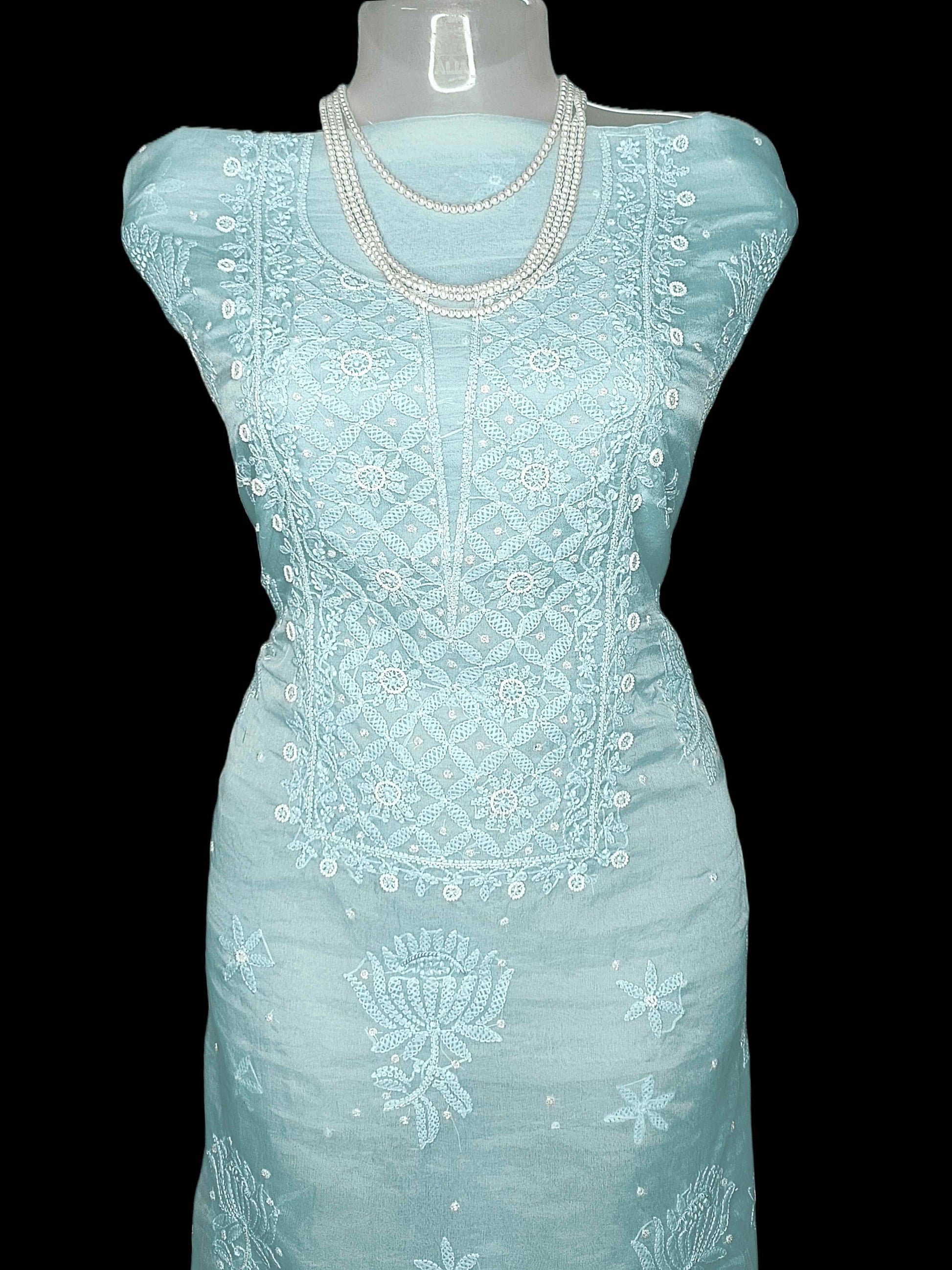 Semi Organza Chikankari And Zardozi Women's Unstitched Kurta Dupatta - Blue