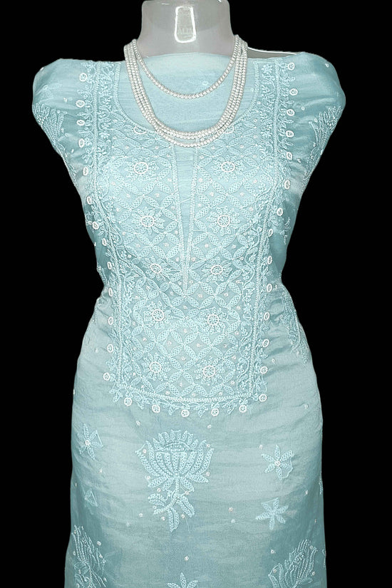 Semi Organza Chikankari And Zardozi Women's Unstitched Kurta Dupatta - Blue
