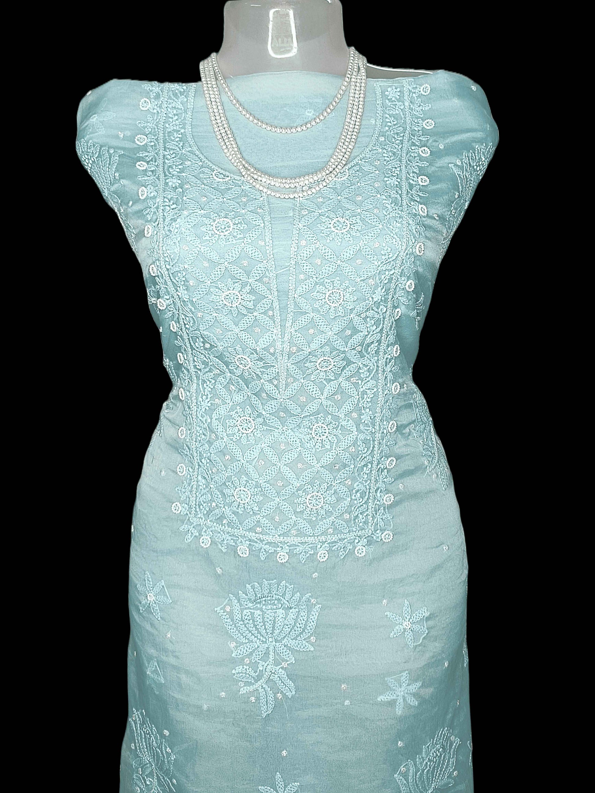 Semi Organza Chikankari And Zardozi Women's Unstitched Kurta Dupatta - Blue