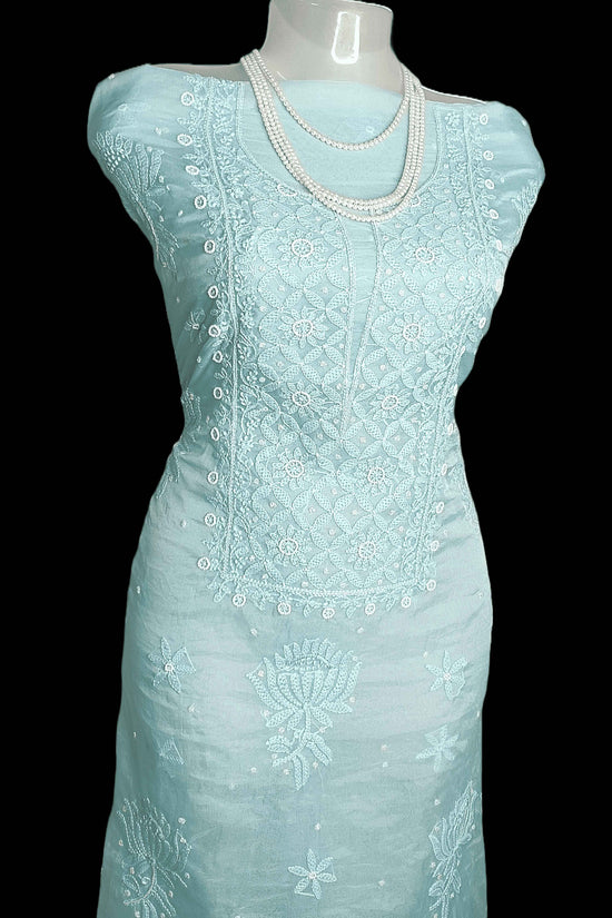 Semi Organza Chikankari And Zardozi Women's Unstitched Kurta Dupatta - Blue