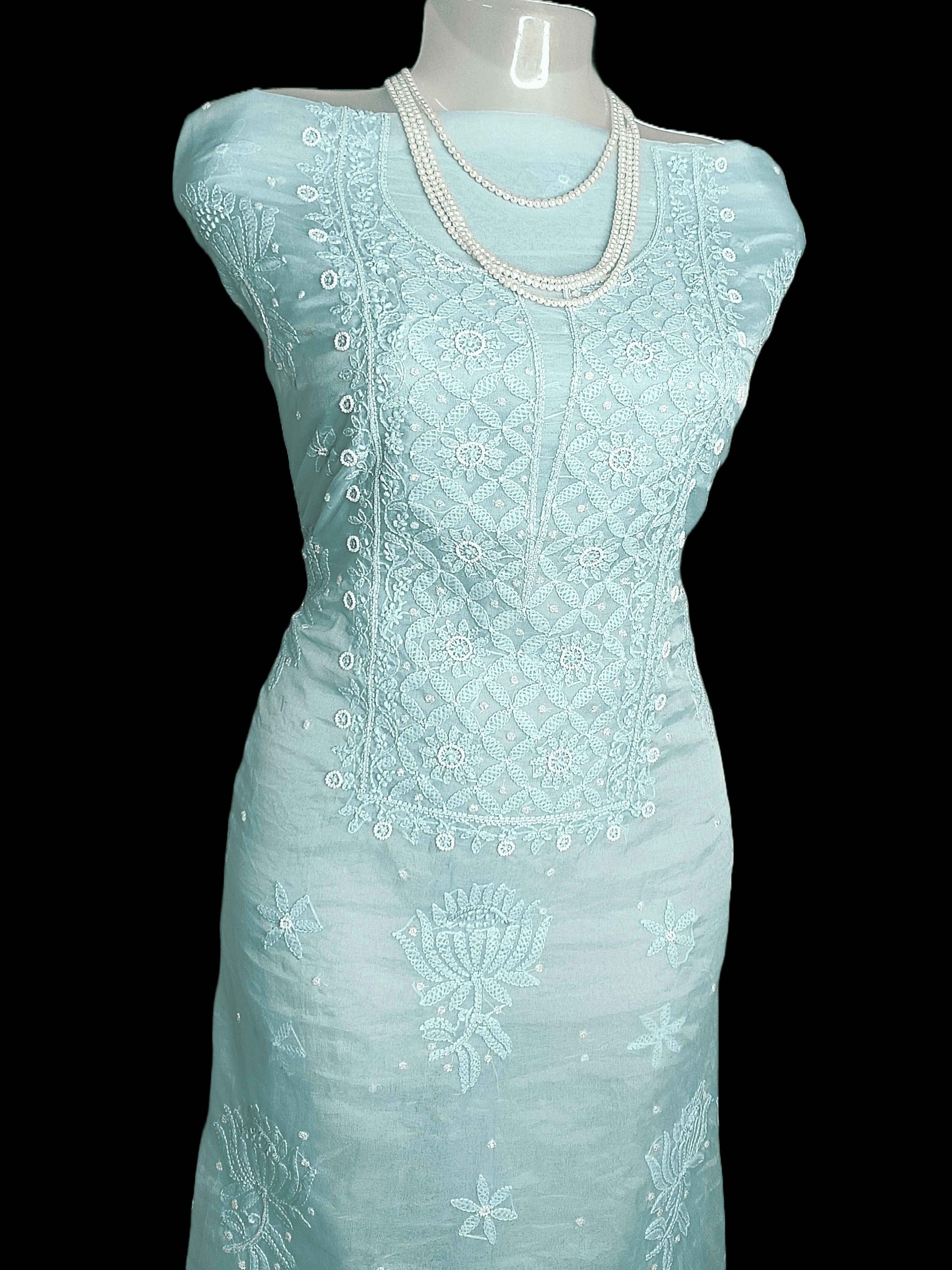 Semi Organza Chikankari And Zardozi Women's Unstitched Kurta Dupatta - Blue