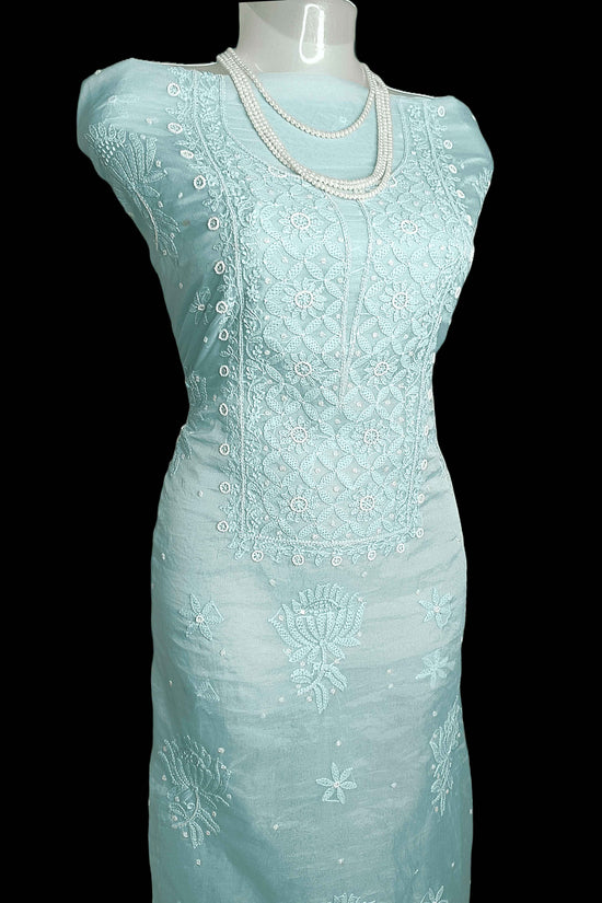 Semi Organza Chikankari And Zardozi Women's Unstitched Kurta Dupatta - Blue