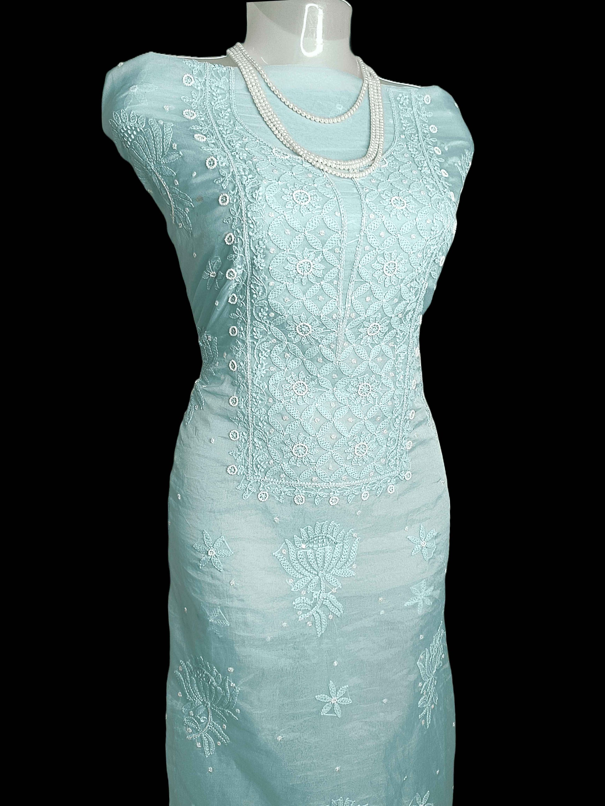 Semi Organza Chikankari And Zardozi Women's Unstitched Kurta Dupatta - Blue