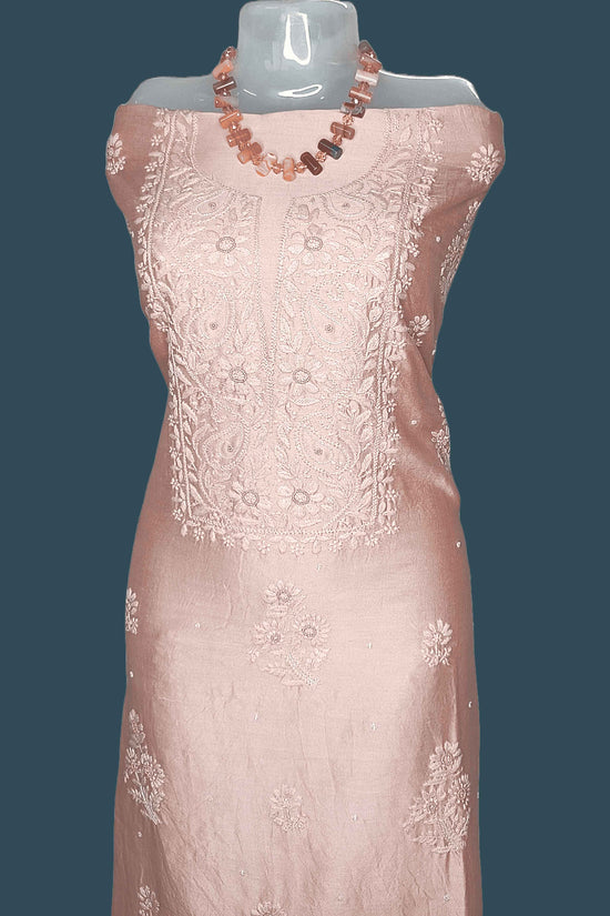 Silky Mull Chanderi Chikankari And Zardozi Women's Unstitched Kurta Dupatta - Brownish Peach