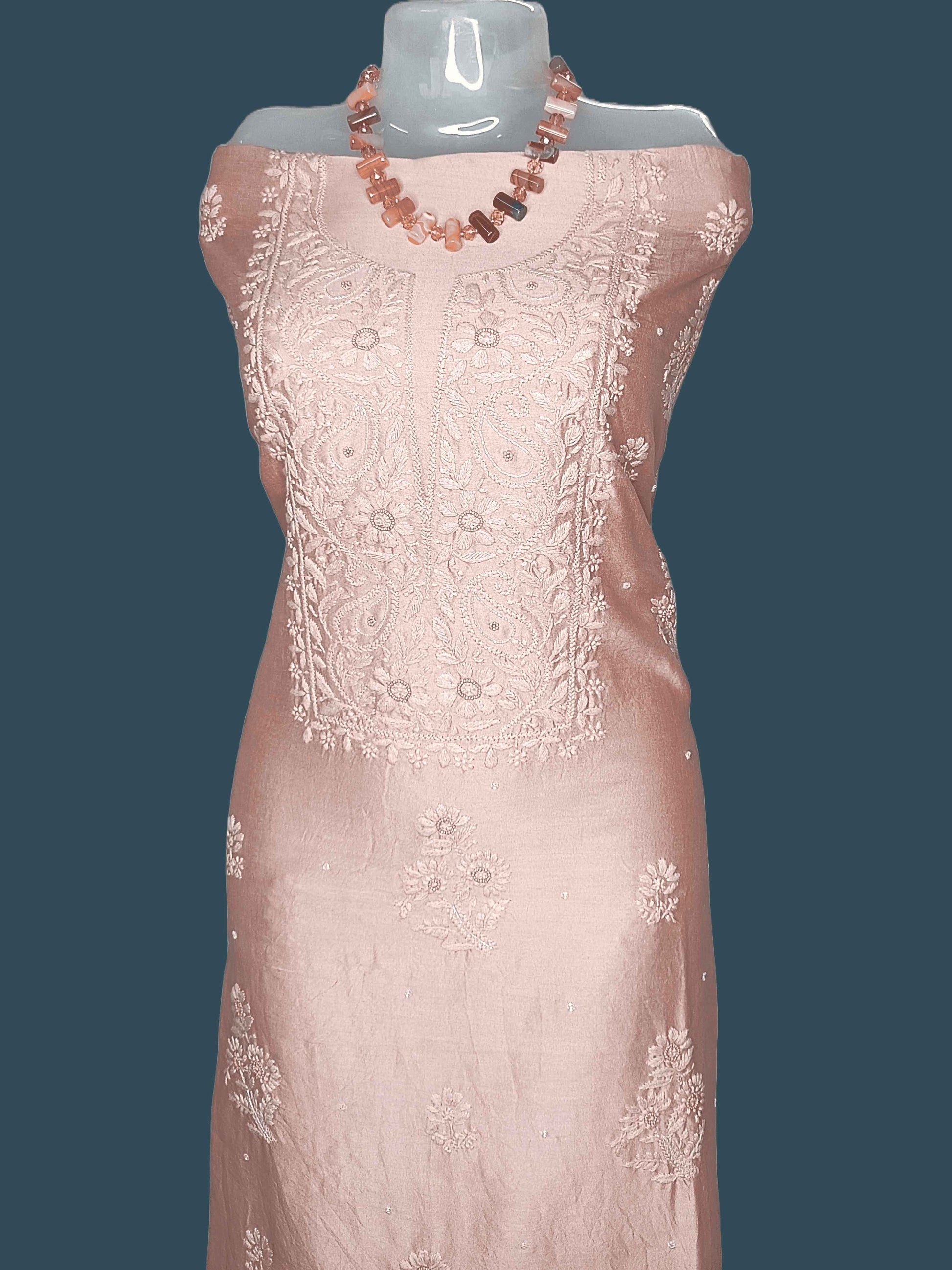 Silky Mull Chanderi Chikankari And Zardozi Women's Unstitched Kurta Dupatta - Brownish Peach