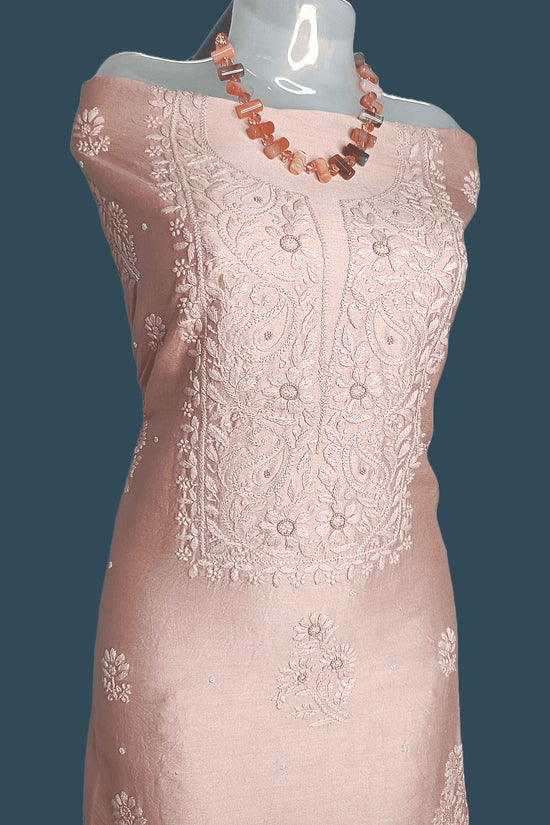 Silky Mull Chanderi Chikankari And Zardozi Women's Unstitched Kurta Dupatta - Brownish Peach