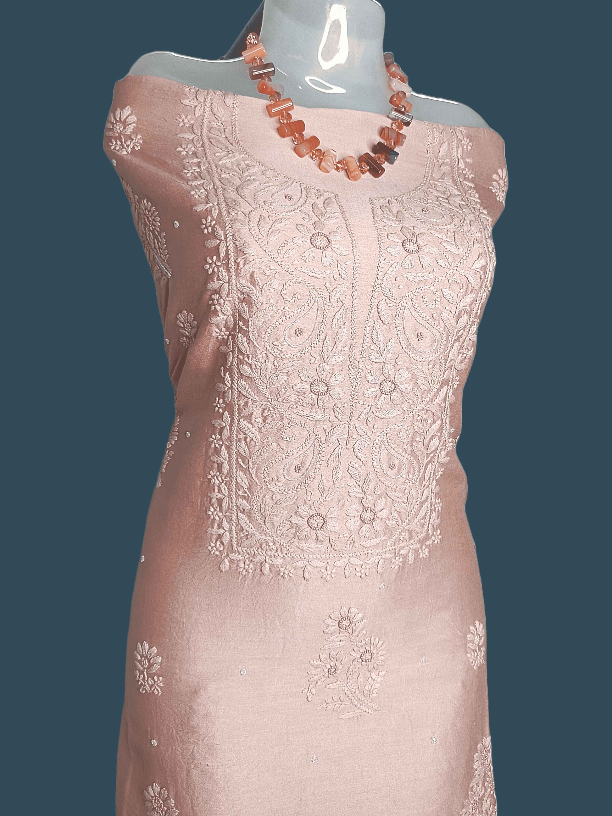 Silky Mull Chanderi Chikankari And Zardozi Women's Unstitched Kurta Dupatta - Brownish Peach