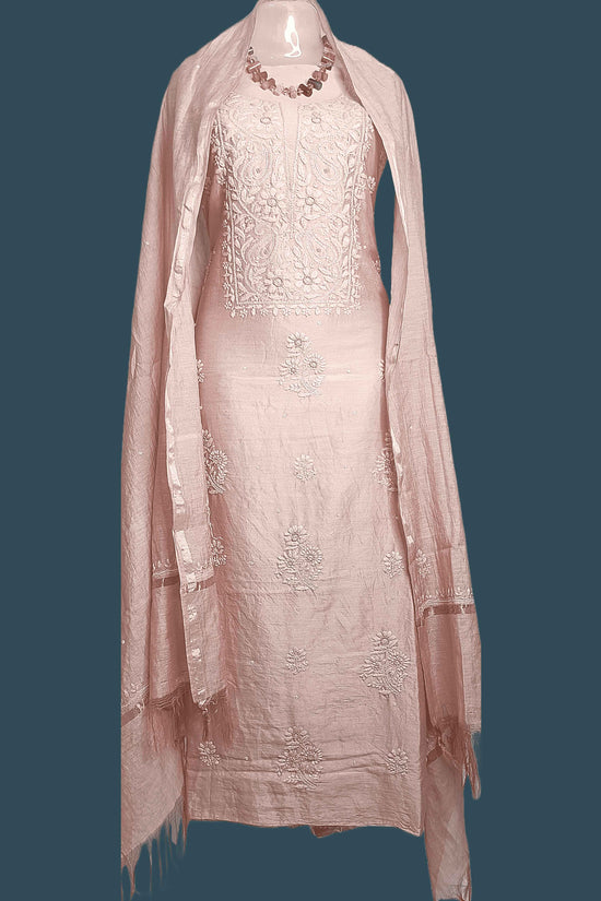 Silky Mull Chanderi Chikankari And Zardozi Women's Unstitched Kurta Dupatta - Brownish Peach