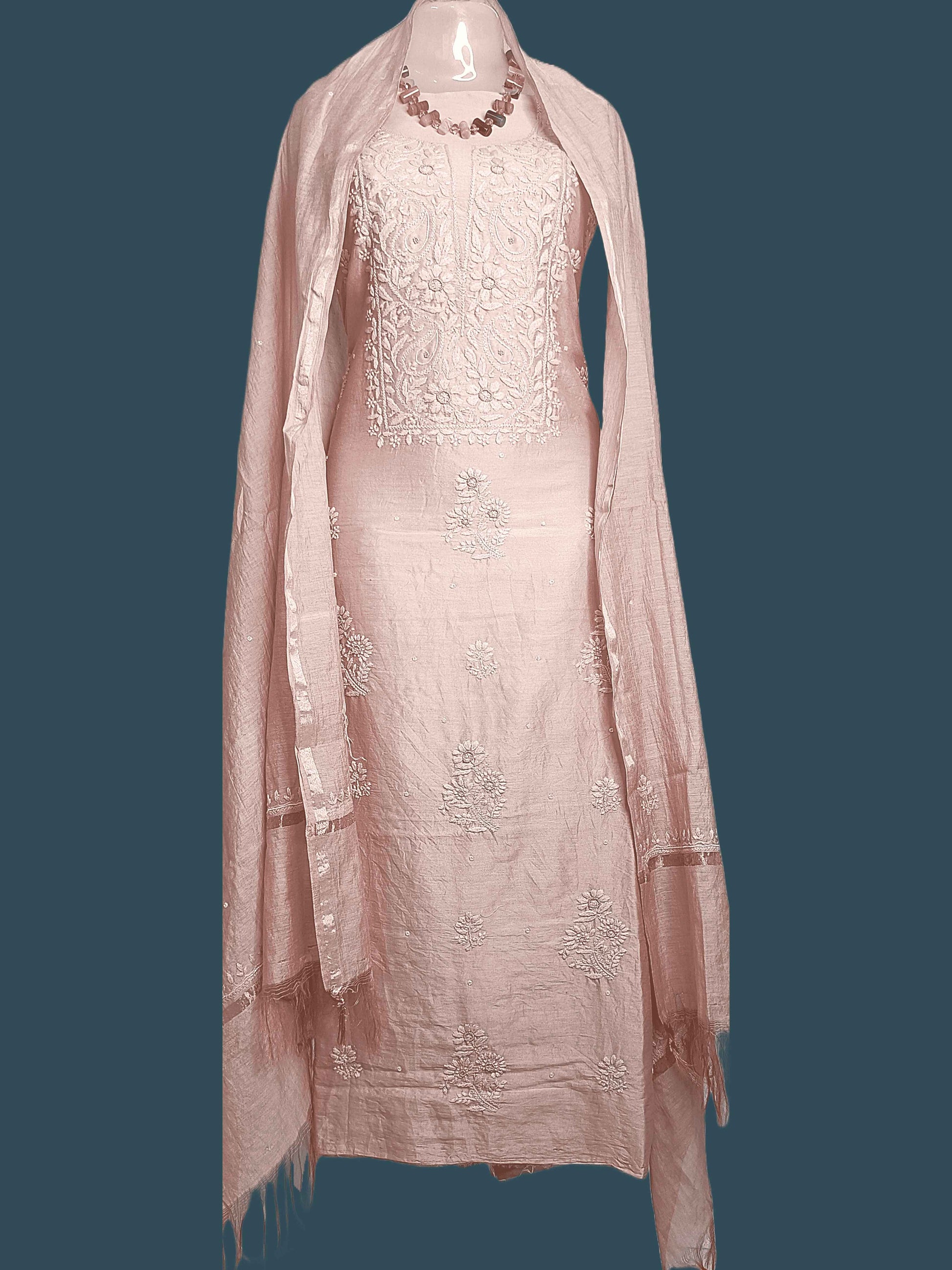 Silky Mull Chanderi Chikankari And Zardozi Women's Unstitched Kurta Dupatta - Brownish Peach