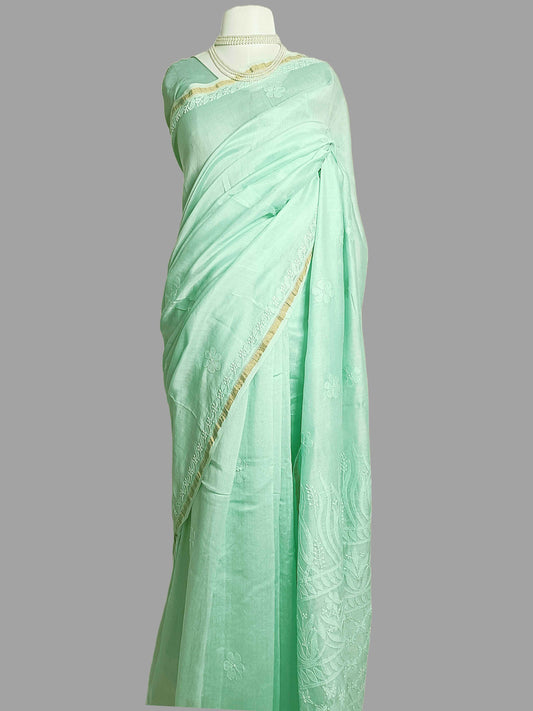 Pure Chanderi Chikankari Saree with Silky Cotton Thread Work - Sea Green