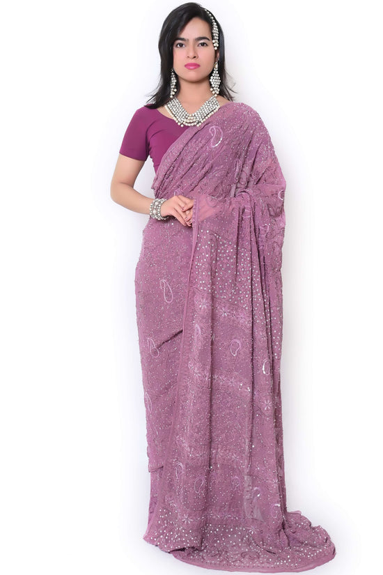 Pure Georgette Chikankari & Zardozi Embroidered Saree – Wine
