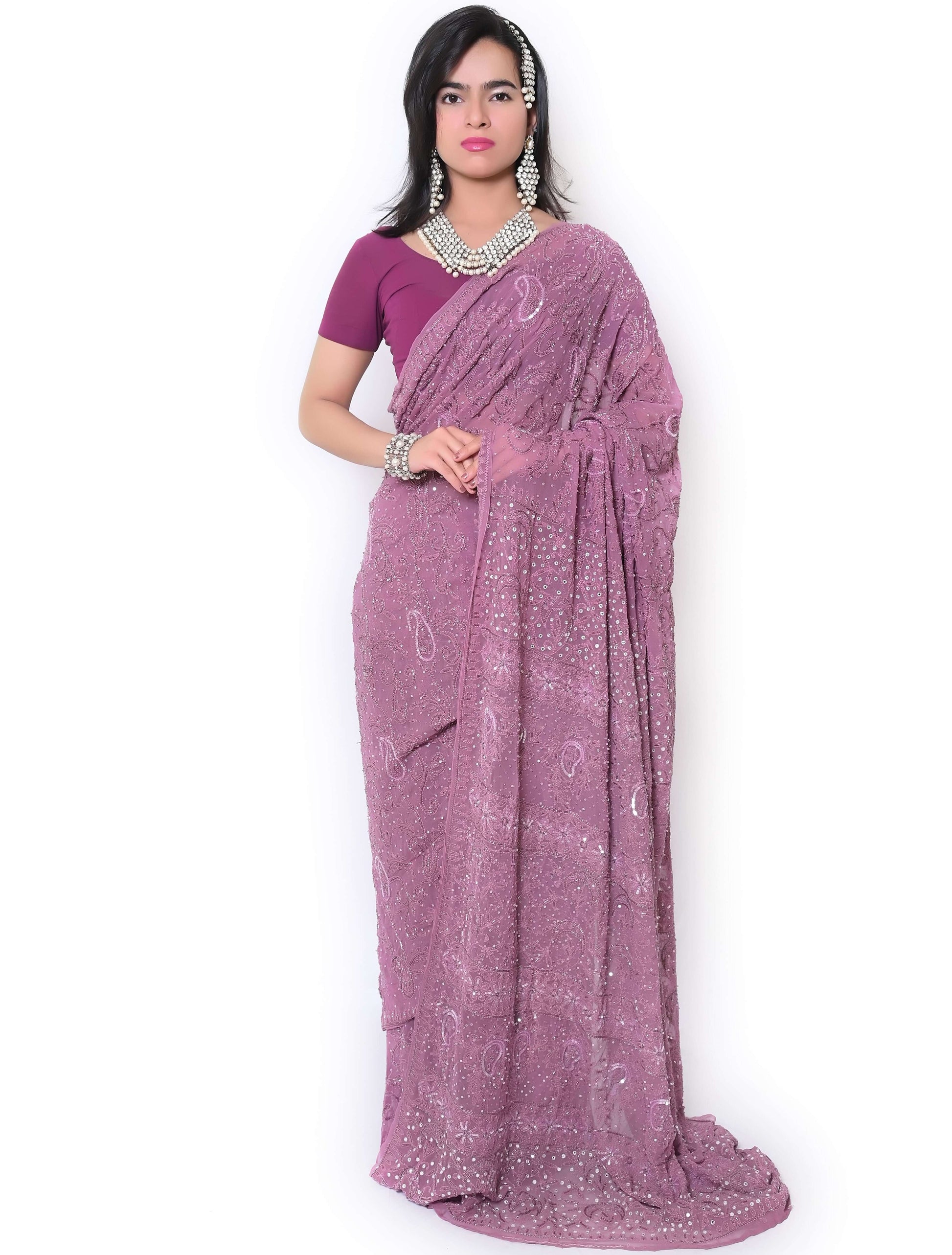 Pure Georgette Chikankari & Zardozi Embroidered Saree – Wine