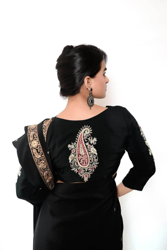 Pure Crepe with Heavy Zardozi Work on Sleeves And Back Unstitched Blouse - Black