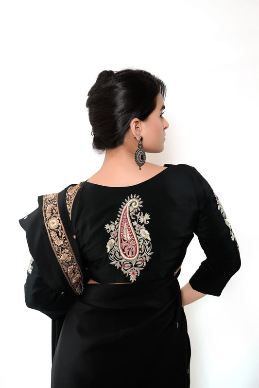 Pure Crepe with Heavy Zardozi Work on Sleeves And Back Unstitched Blouse - Black