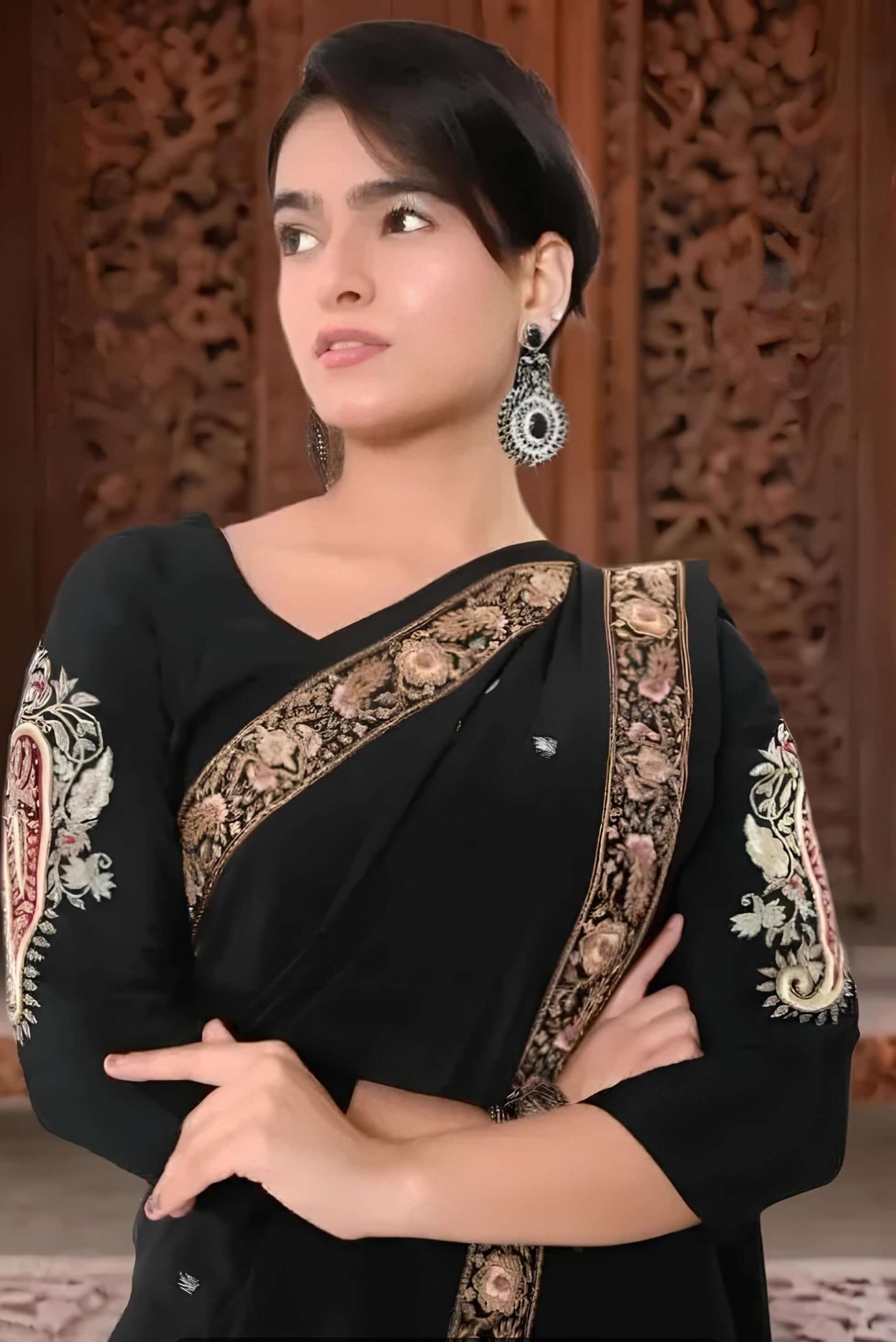 Pure Crepe with Heavy Zardozi Work on Sleeves And Back Unstitched Blouse - Black