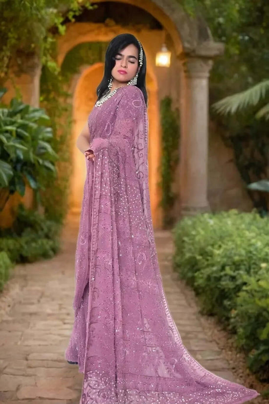 Pure Georgette Chikankari & Zardozi Embroidered Saree – Wine