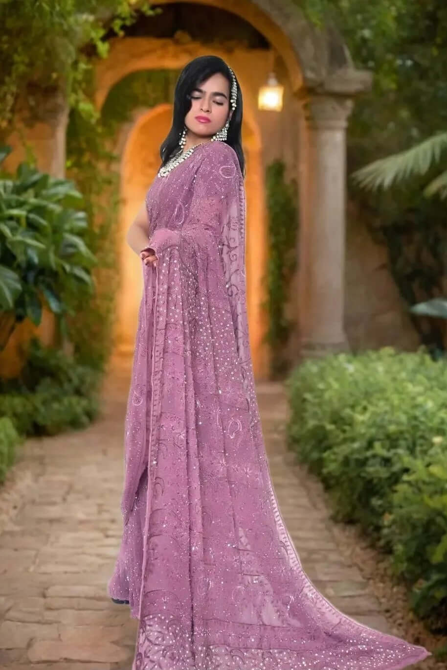 Pure Georgette Chikankari & Zardozi Embroidered Saree – Wine
