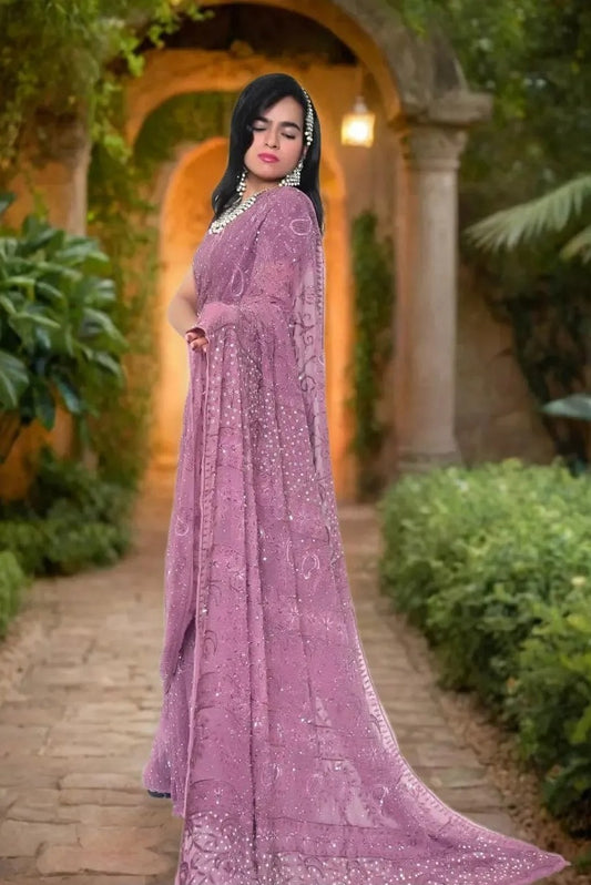 Pure Georgette Chikankari & Zardozi Embroidered Saree – Wine