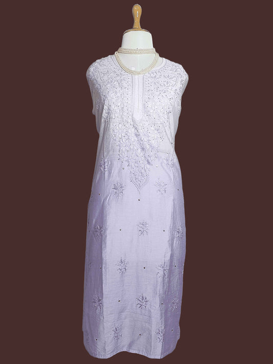Stitched Semi-Chanderi Chikankari Women's Kurta with Mukesh Work - Purple