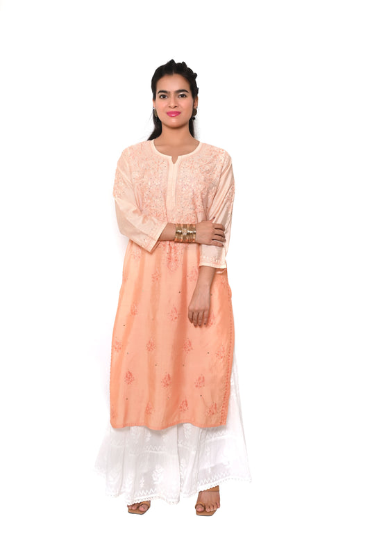 Semi-Chanderi Chikankari And Mukesh Work Women's Stitched Kurta - Orange Ombre