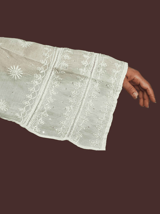 Pure Mal Chanderi Chikankari And Zardozi Women's Semi-Stitched Kurta with Dupatta - Very Light Green