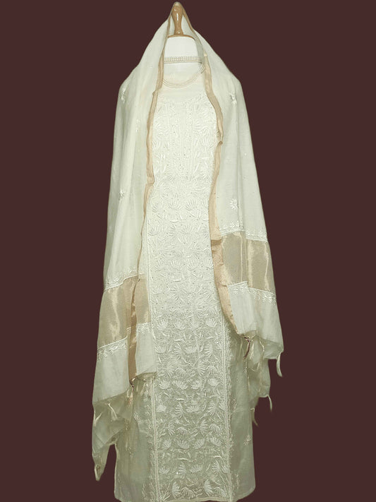 Pure Mal Chanderi Chikankari And Zardozi Women's Semi-Stitched Kurta with Dupatta - Very Light Green
