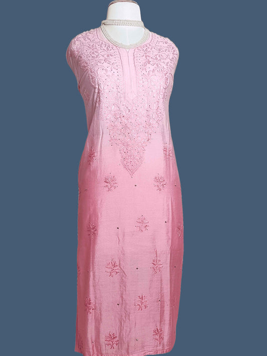 Stitched Semi-Chanderi Chikankari Women's Kurta with Mukesh Work - Pink Ombre