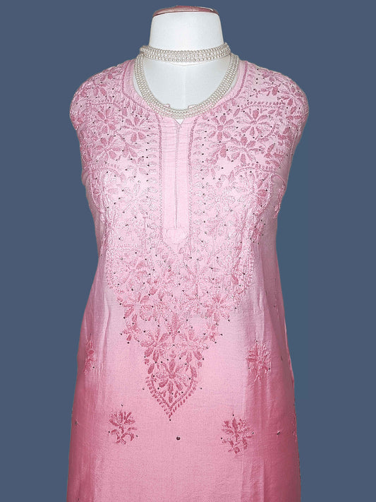 Stitched Semi-Chanderi Chikankari Women's Kurta with Mukesh Work - Pink Ombre