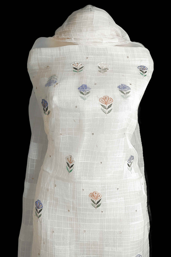 Pure Tissue Chikankari Shadow & Zardozi Pearl Work Unstitched Kurta Dupatta – Off White