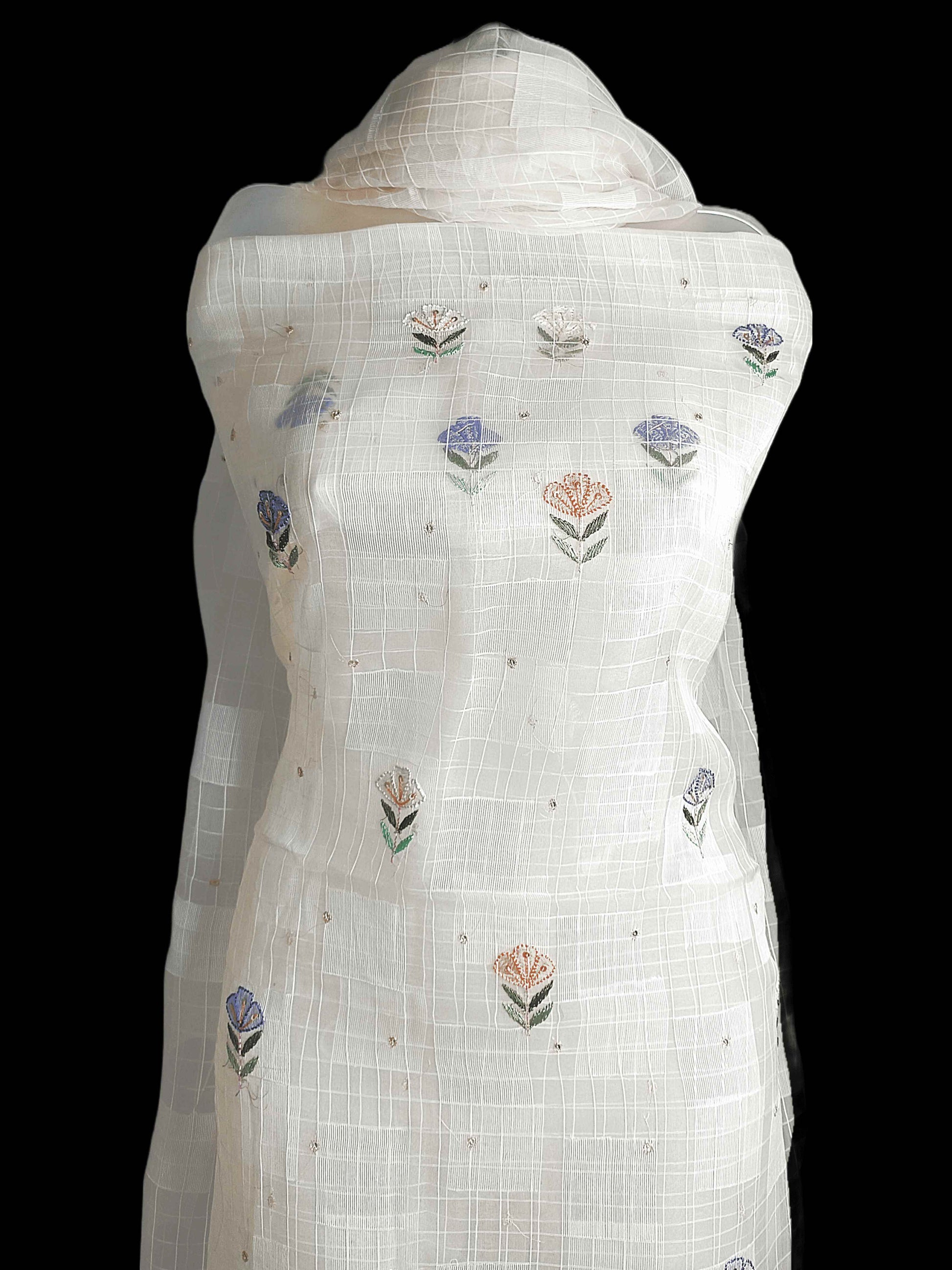 Pure Tissue Chikankari Shadow & Zardozi Pearl Work Unstitched Kurta Dupatta – Off White