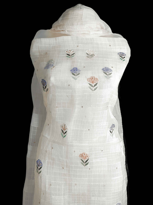 Pure Tissue Chikankari Shadow & Zardozi Pearl Work Unstitched Kurta Dupatta – Off White