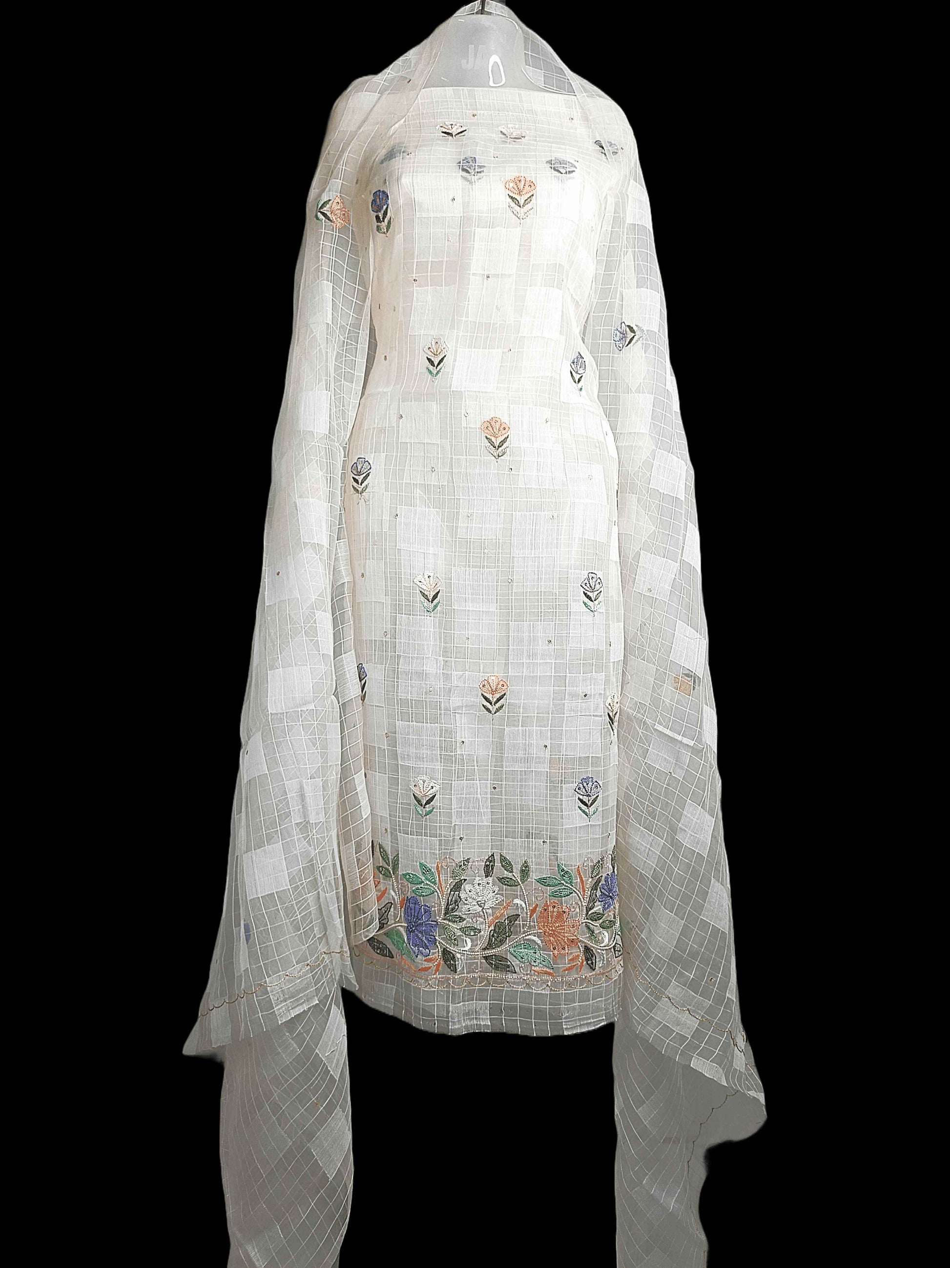 Pure Tissue Chikankari Shadow & Zardozi Pearl Work Unstitched Kurta Dupatta – Off White