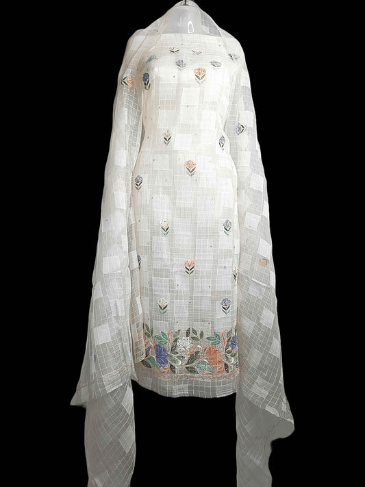 Pure Tissue Chikankari Shadow & Zardozi Pearl Work Unstitched Kurta Dupatta – Off White