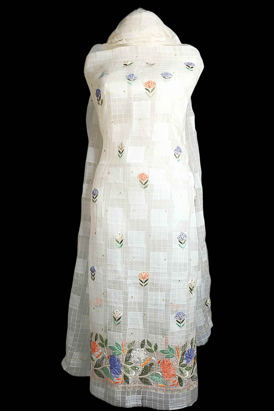 Pure Tissue Chikankari Shadow & Zardozi Pearl Work Unstitched Kurta Dupatta – Off White