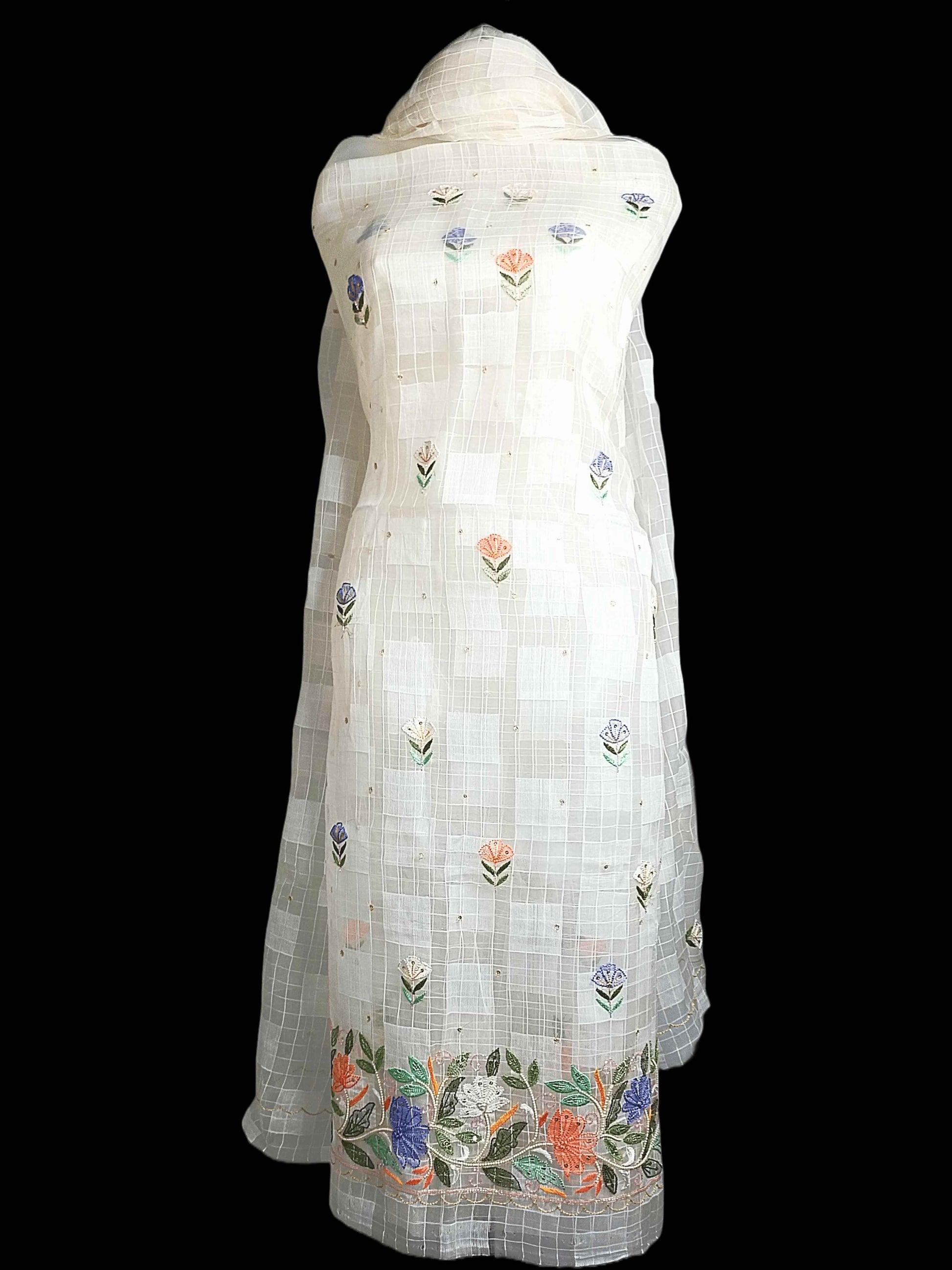 Pure Tissue Chikankari Shadow & Zardozi Pearl Work Unstitched Kurta Dupatta – Off White
