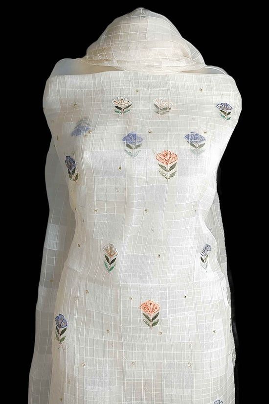 Pure Tissue Chikankari Shadow & Zardozi Pearl Work Unstitched Kurta Dupatta – Off White