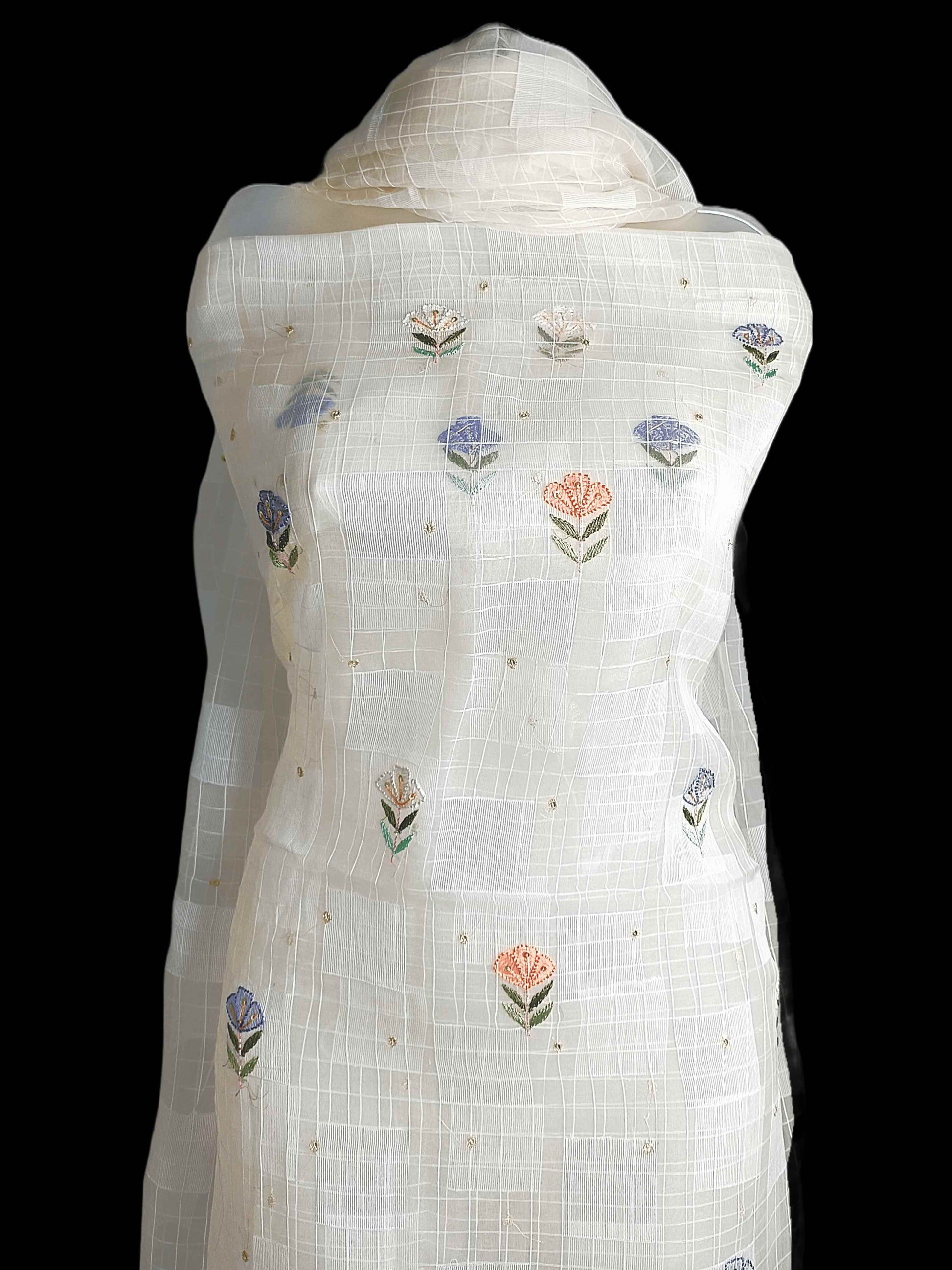 Pure Tissue Chikankari Shadow & Zardozi Pearl Work Unstitched Kurta Dupatta – Off White