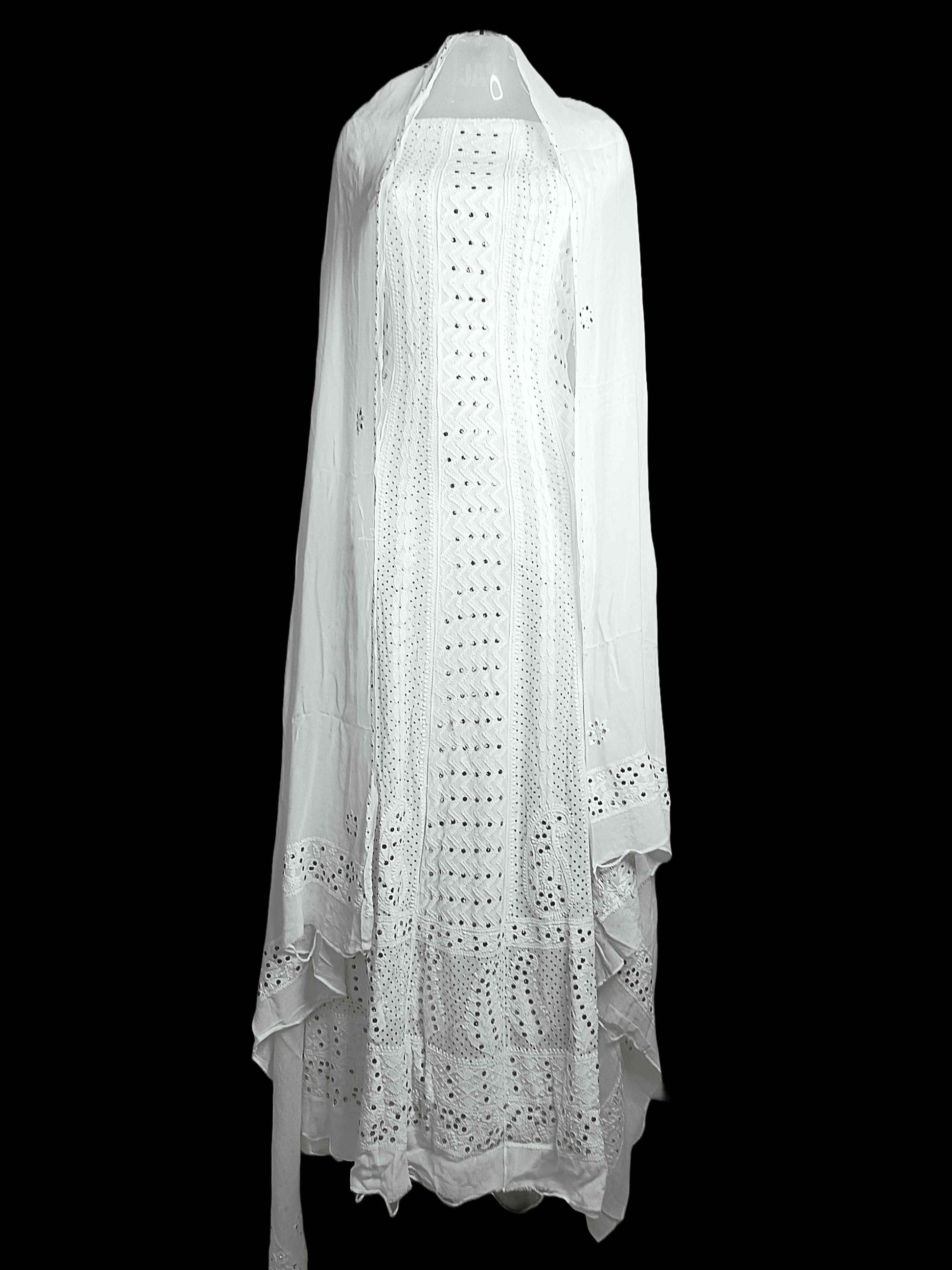 Semi-Stitched Viscose Chikankari Anarkali with Heavy Mukesh Work And Dupatta - Off-White
