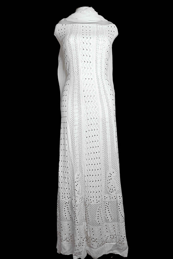 Semi-Stitched Viscose Chikankari Anarkali with Heavy Mukesh Work And Dupatta - Off-White