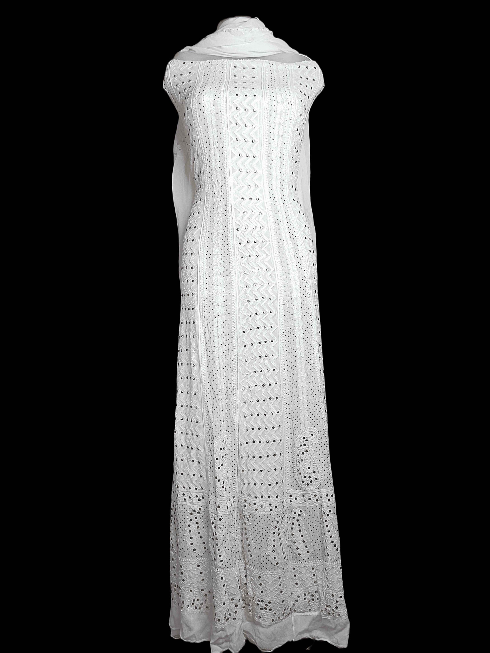 Semi-Stitched Viscose Chikankari Anarkali with Heavy Mukesh Work And Dupatta - Off-White