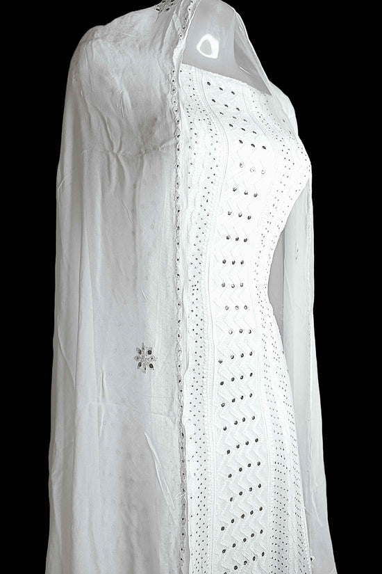 Semi-Stitched Viscose Chikankari Anarkali with Heavy Mukesh Work And Dupatta - Off-White