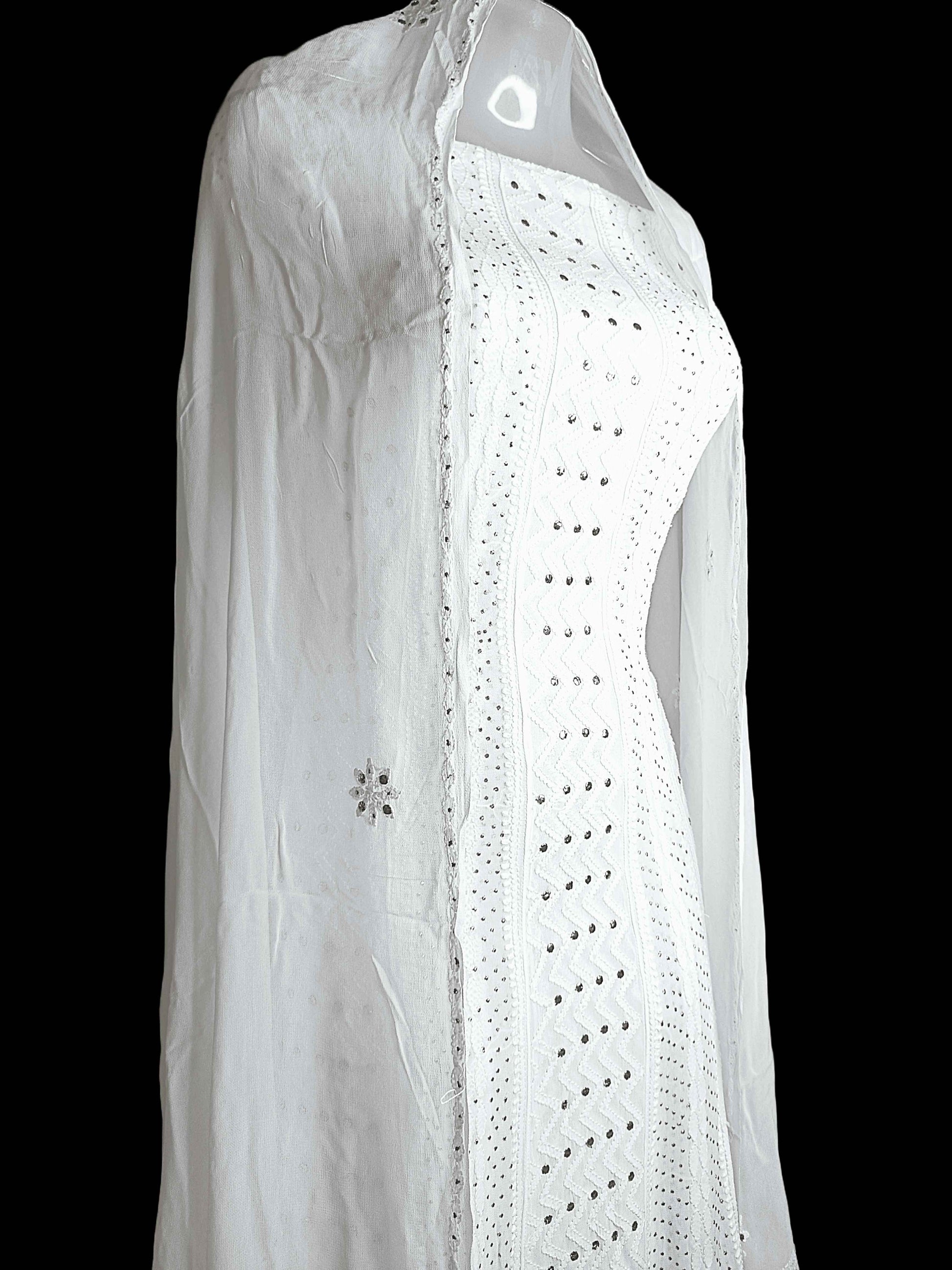 Semi-Stitched Viscose Chikankari Anarkali with Heavy Mukesh Work And Dupatta - Off-White