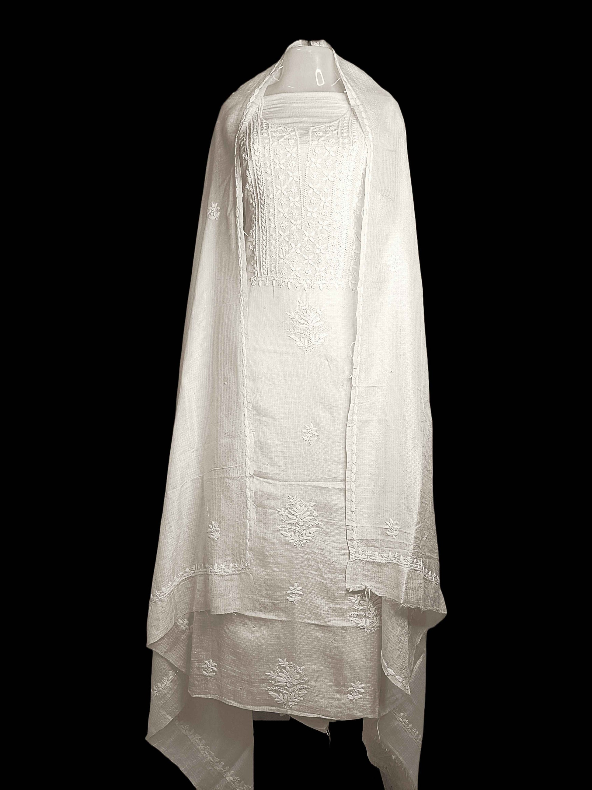 Unstitched Kota Silk Chikankari And Zardozi Women's Kurta Dupatta - Beige