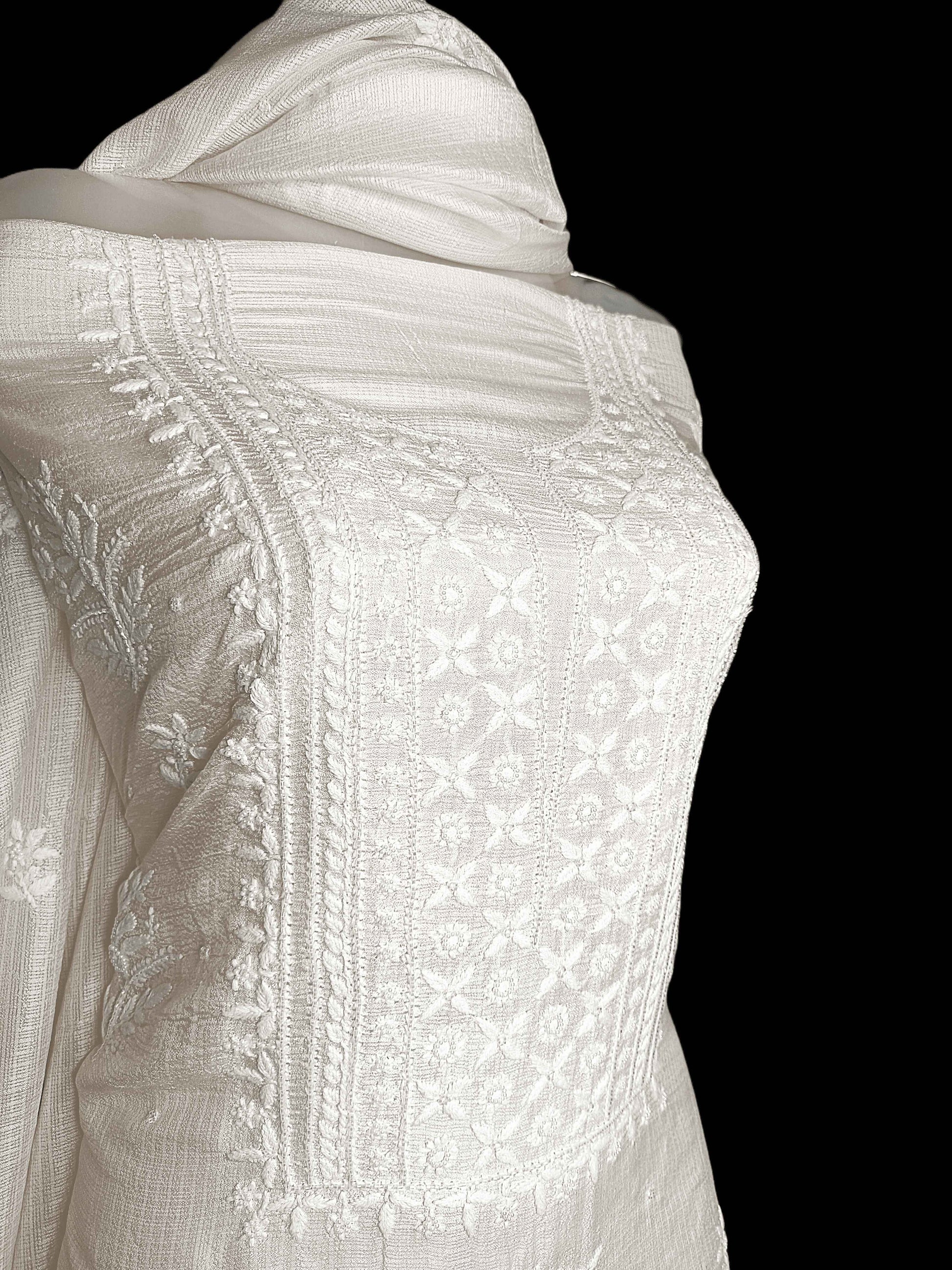 Unstitched Kota Silk Chikankari And Zardozi Women's Kurta Dupatta - Beige