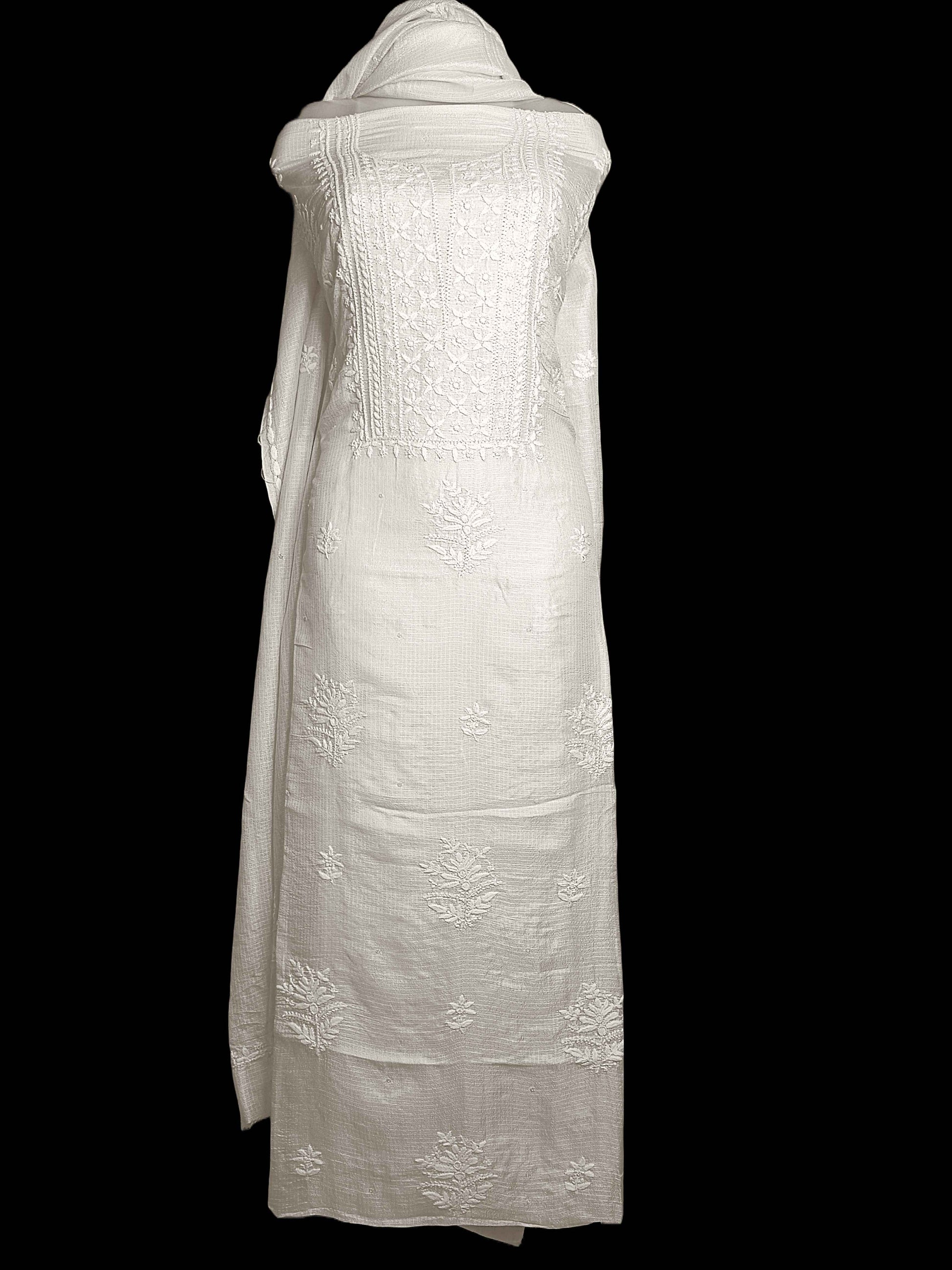 Unstitched Kota Silk Chikankari And Zardozi Women's Kurta Dupatta - Beige